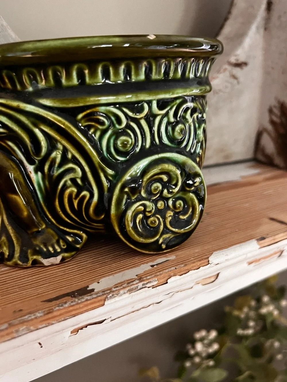 Vintage Green Ceramic Lady Cart Planter Cottagecore Decor